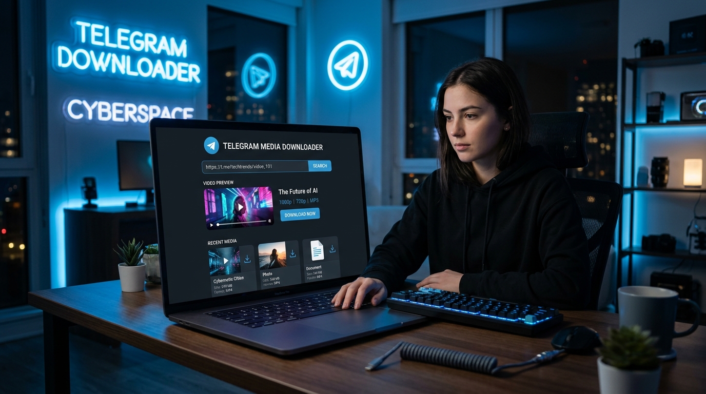 Modern workspace with laptop running online Telegram video and file downloader