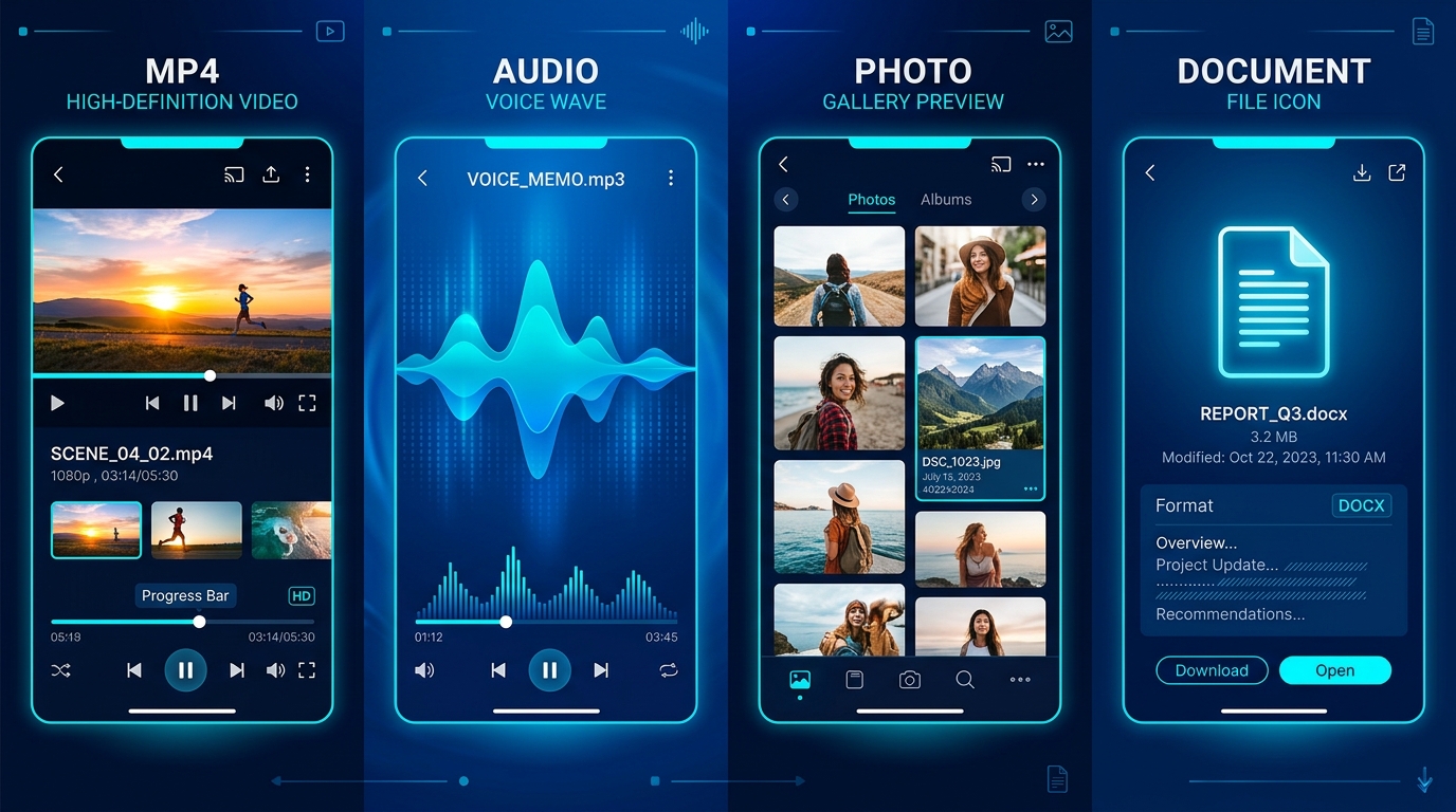 Overview of supported Telegram media types including MP4 video, audio waveforms, photos, and documents