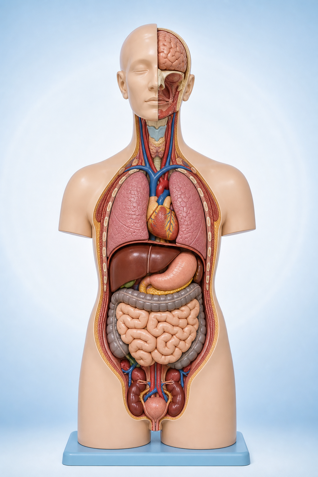 Realistic classroom anatomy mannequin showing the brain, lungs, heart, liver, stomach, intestines, and kidneys