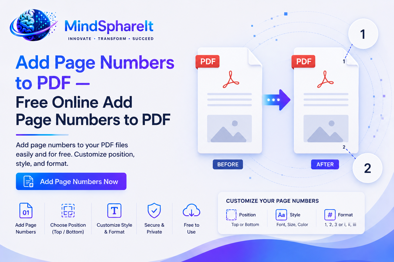Capture d'écran de l'outil gratuit Ajouter des numéros de page au PDF sur ToolSphare