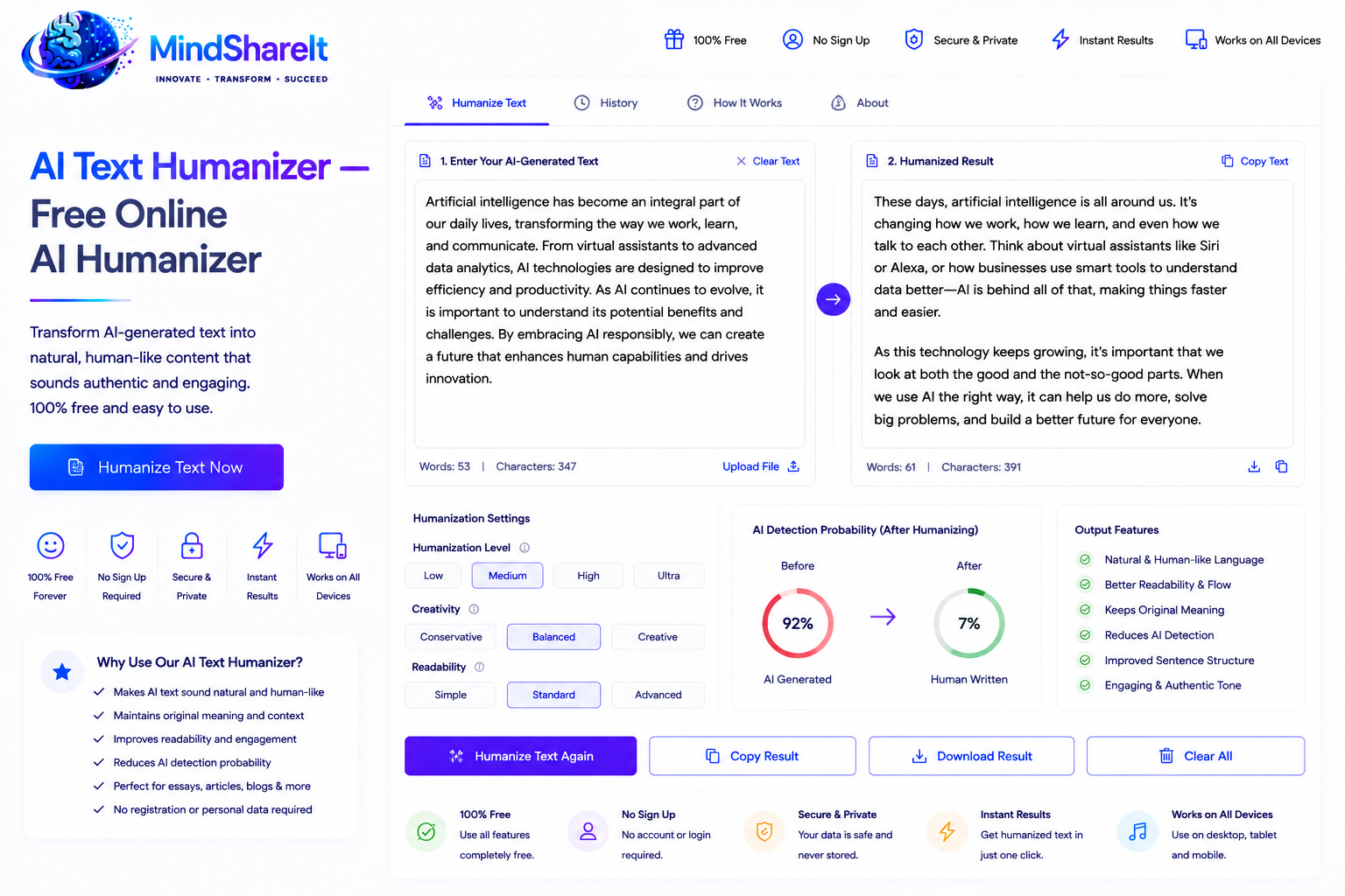 ToolSphare의 무료 AI 텍스트 휴머나이저 도구 스크린샷