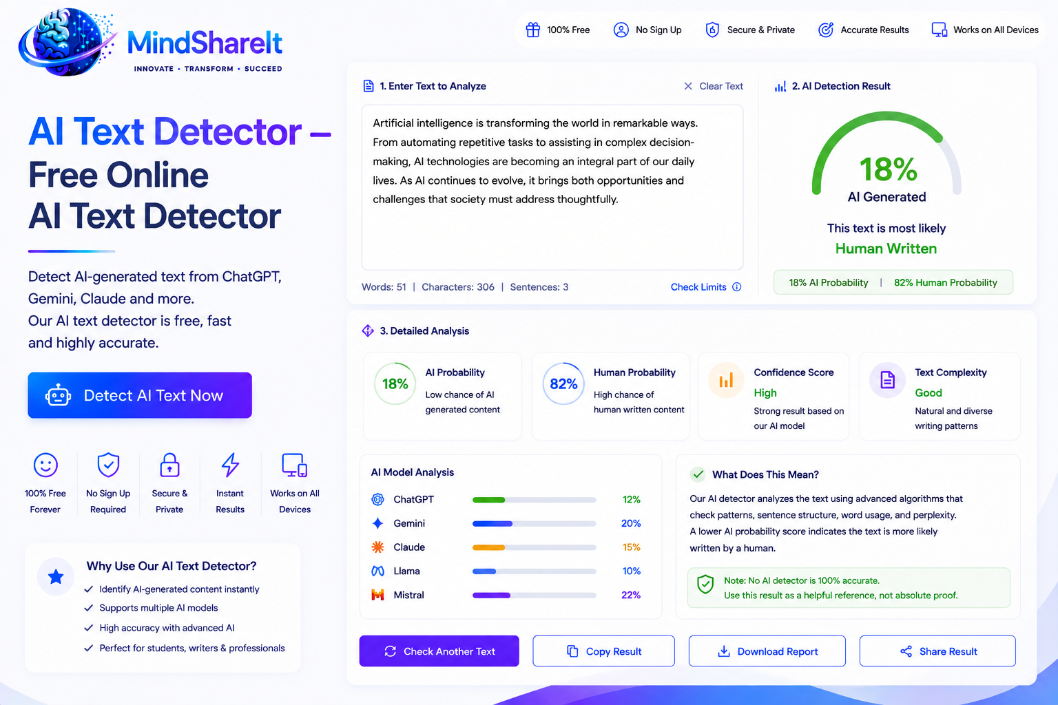 Screenshot of the free AI Text Detector tool on ToolSphare