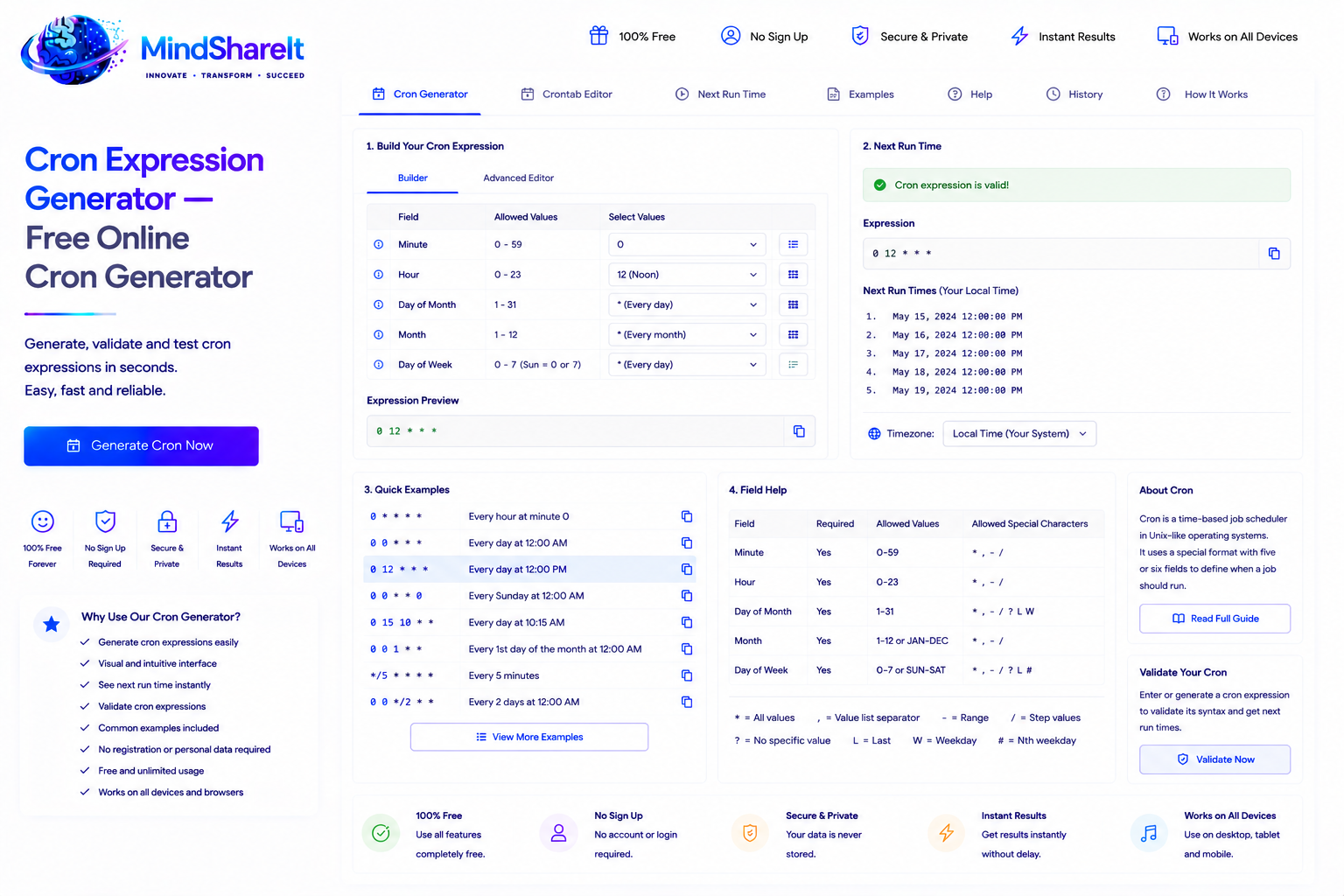 Screenshot of the free Cron Expression Generator tool on ToolSphare