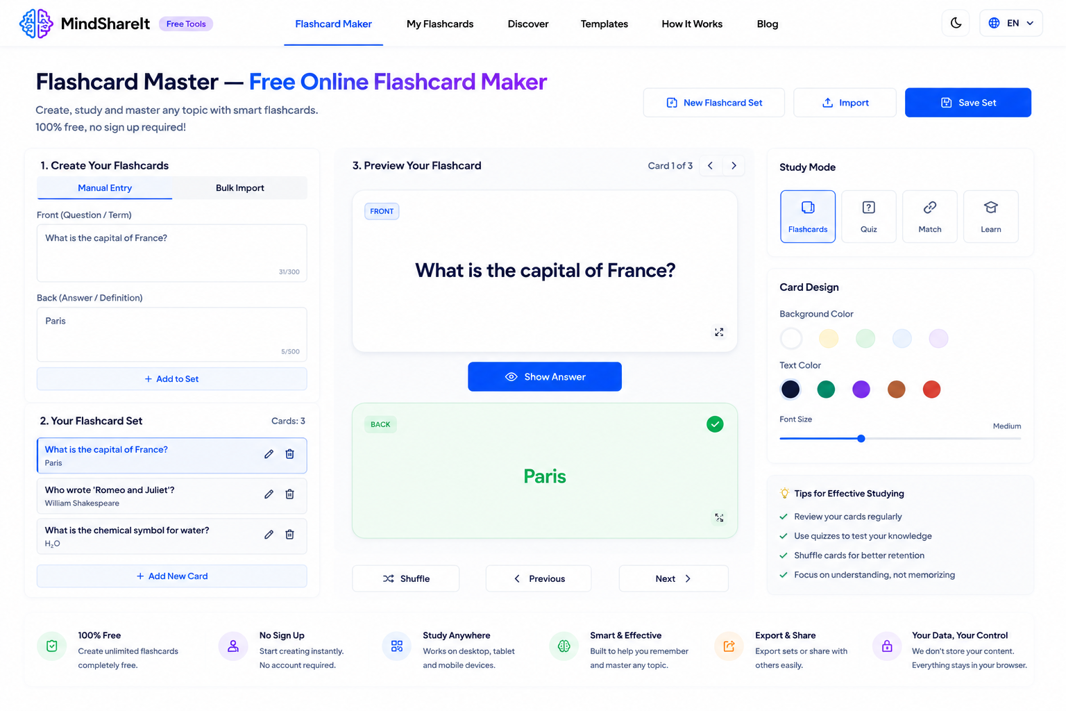 Screenshot of the free Flashcard Master tool on ToolSphare