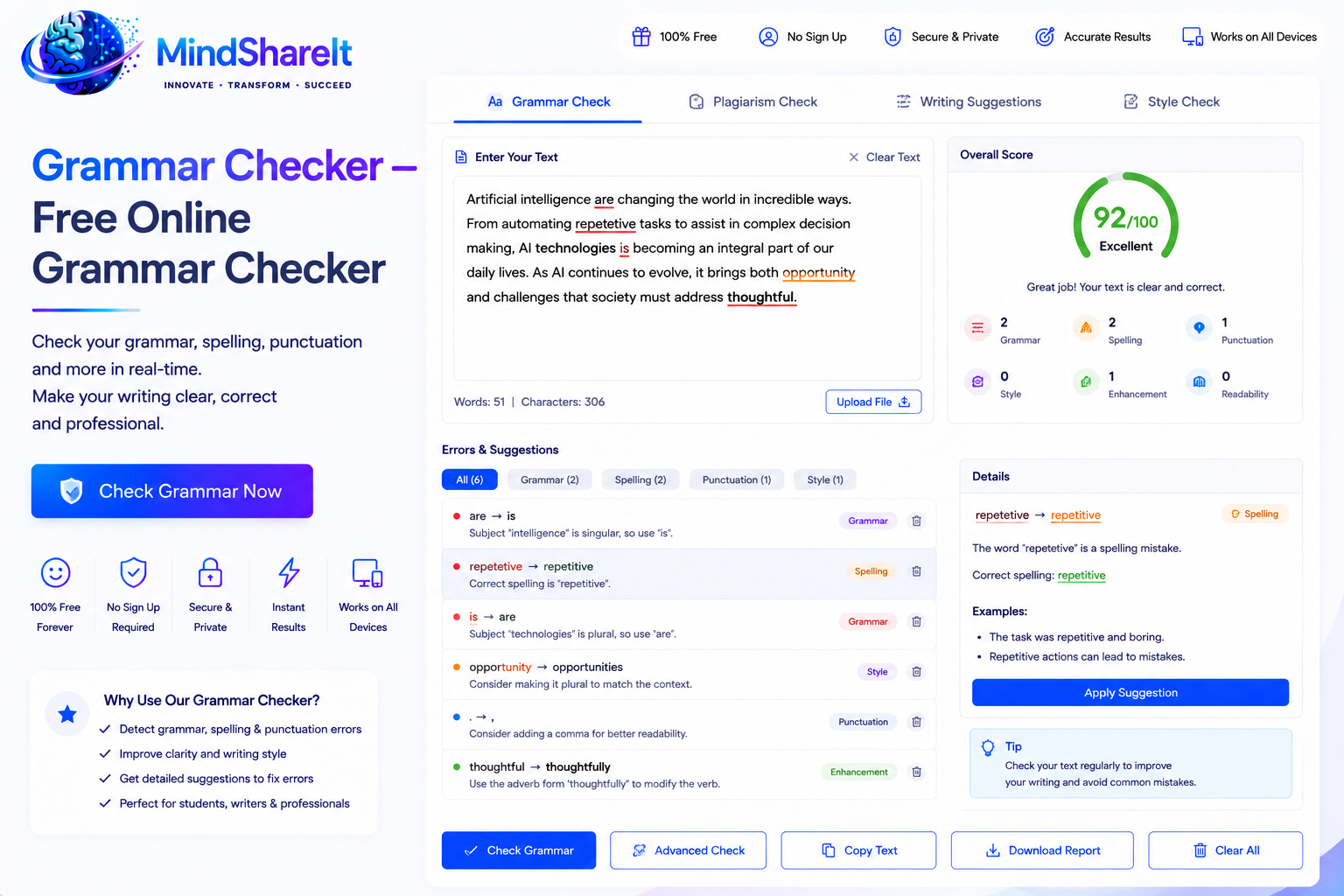 Screenshot of the free Grammar Checker tool on ToolSphare