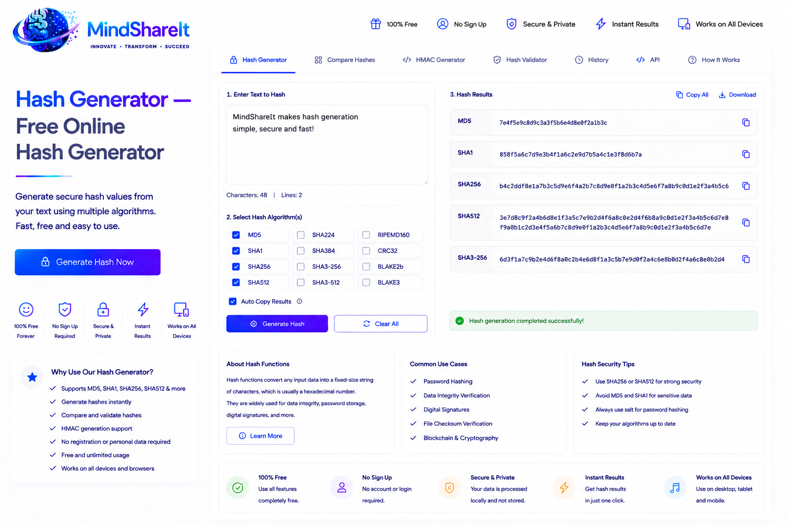 Screenshot of the free Hash Generator tool on ToolSphare