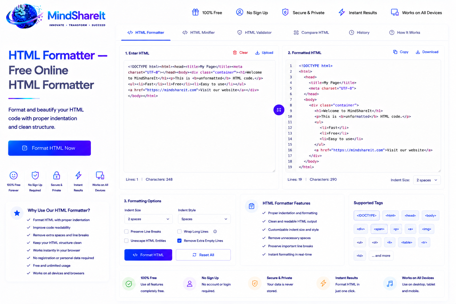 Скриншот бесплатного инструмента HTML-форматер на ToolSphare.