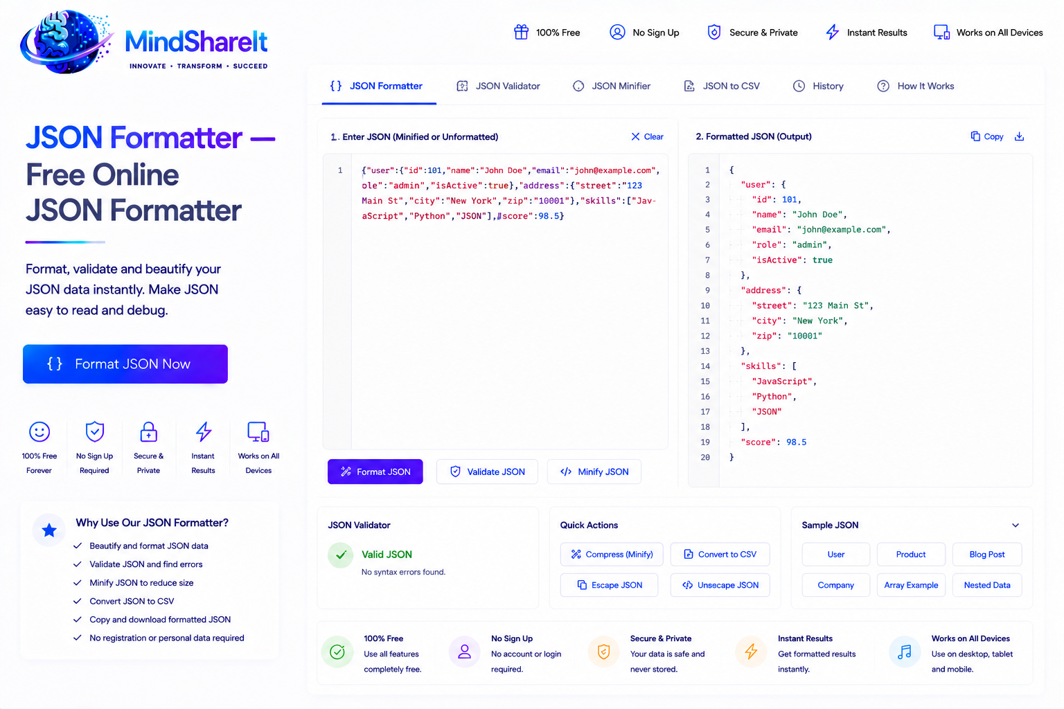 لقطة شاشة لأداة تنسيق JSON المجانية الموجودة على ToolSphare