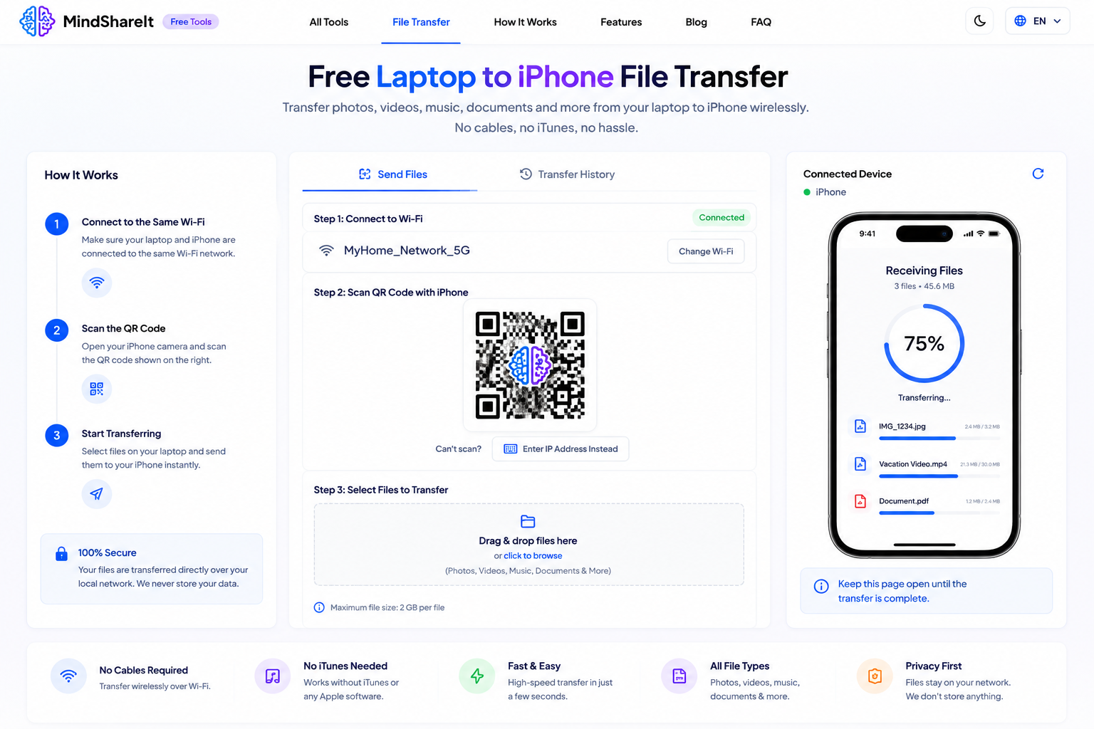 Screenshot of the free Laptop to iPhone File Transfer tool on ToolSphare