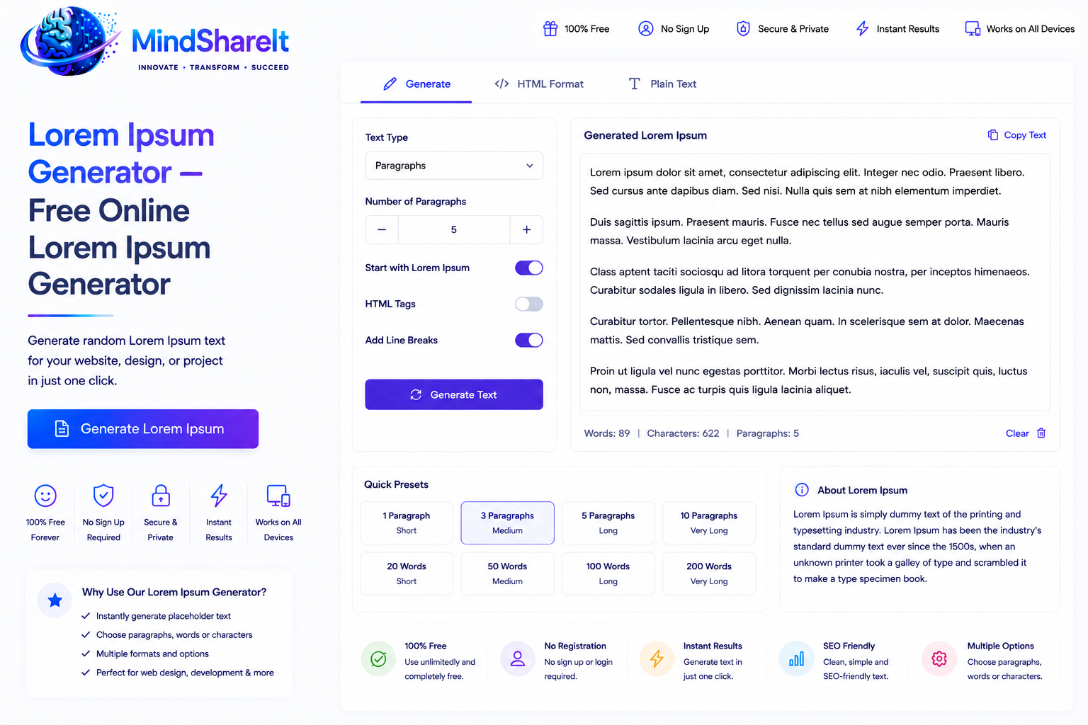 Screenshot des kostenlosen Lorem-Ipsum-Generator-Tools auf ToolSphare