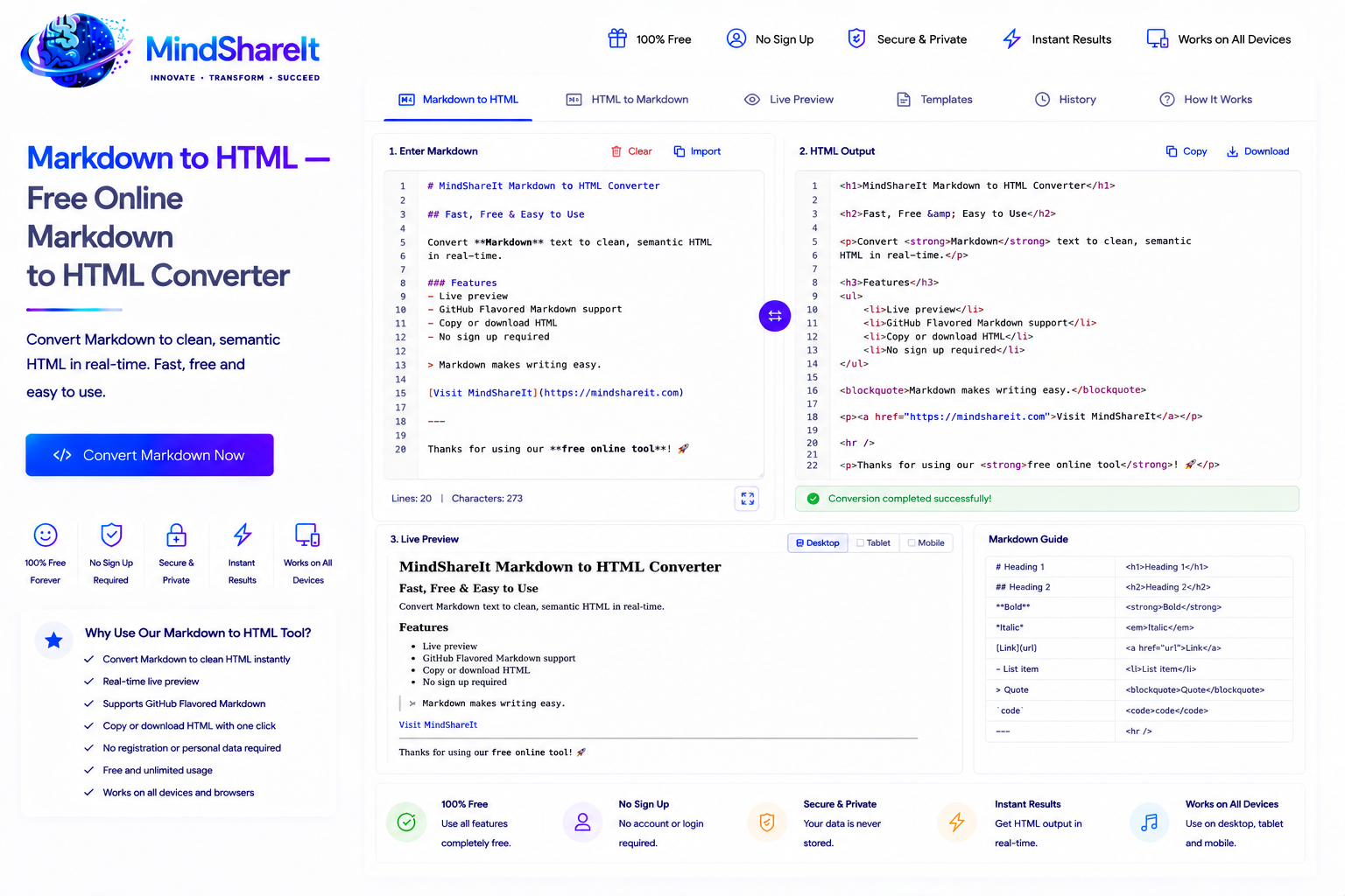 Tangkapan layar alat Penurunan harga ke HTML gratis di ToolSphare