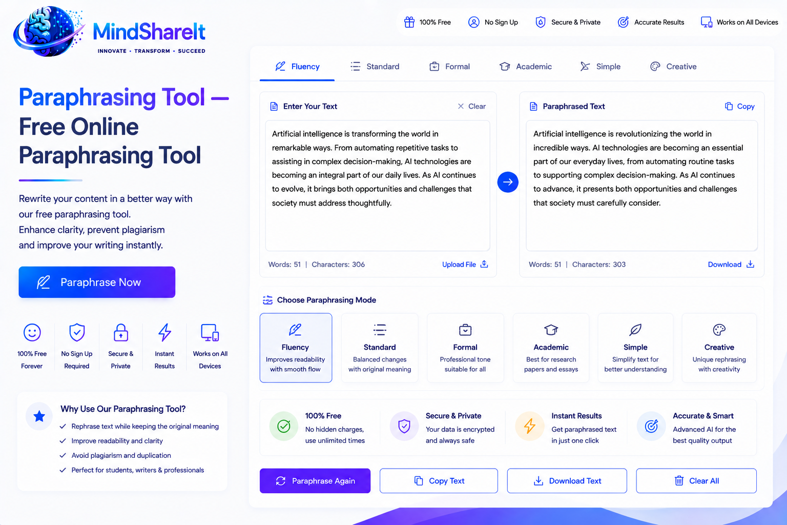 Screenshot of the free Paraphrasing Tool tool on ToolSphare