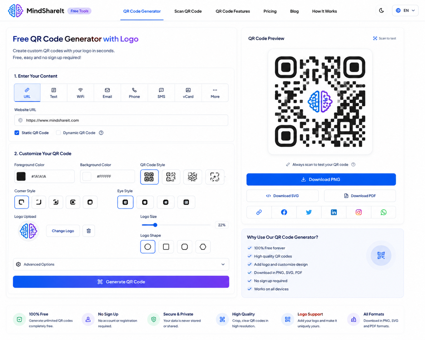 Capture d'écran de l'outil gratuit Générateur de codes QR sur ToolSphare