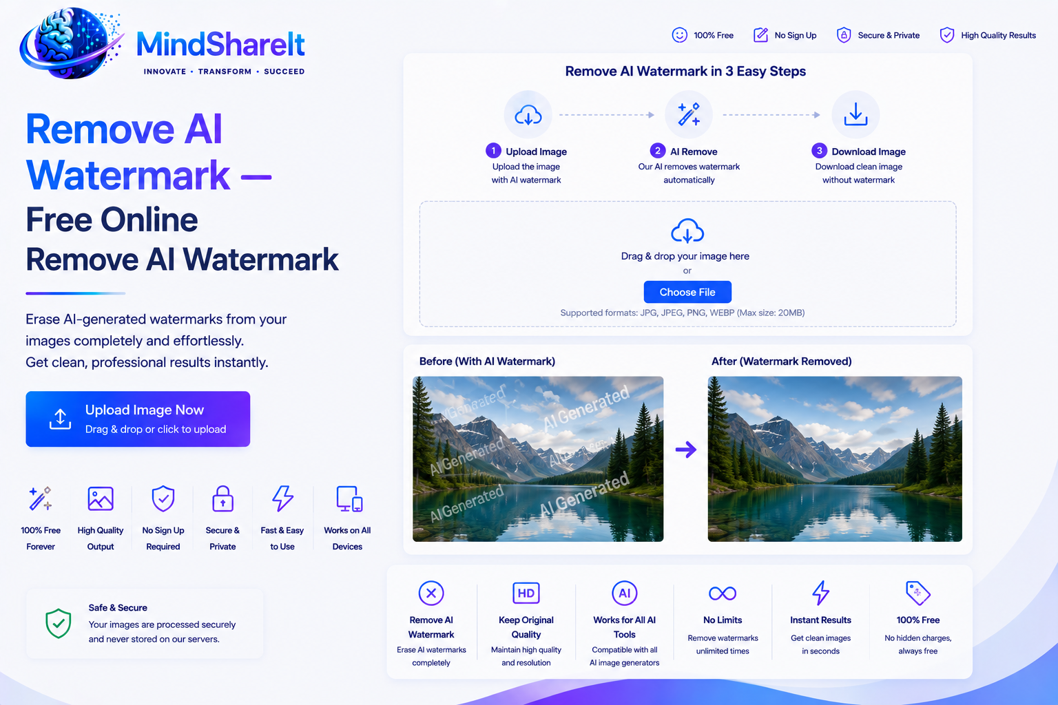 Screenshot of the free Remove AI Watermark tool on ToolSphare