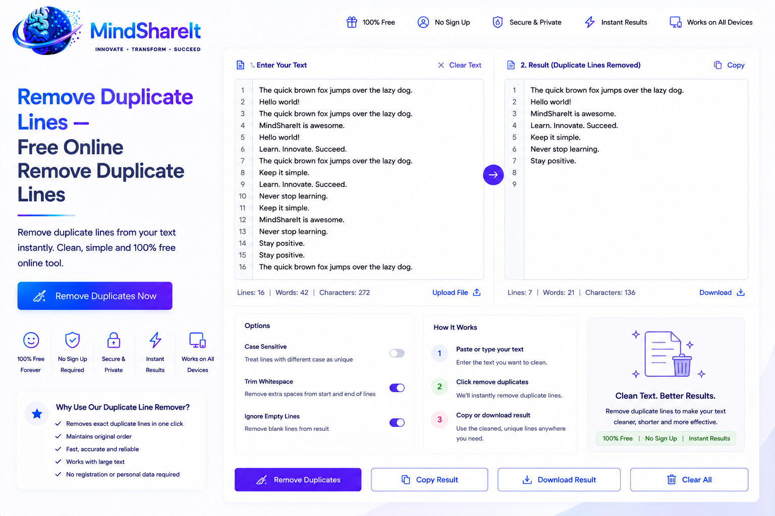 ToolSphare 上免费的 删除重复行 工具的屏幕截图