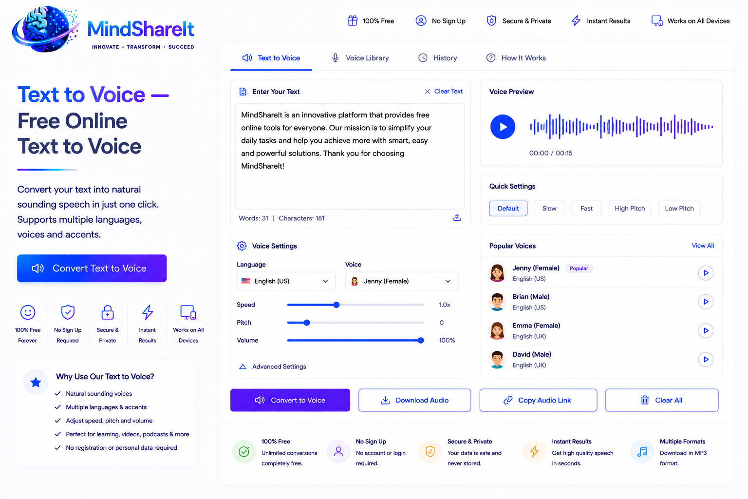 Screenshot of the free Text to Voice tool on ToolSphare