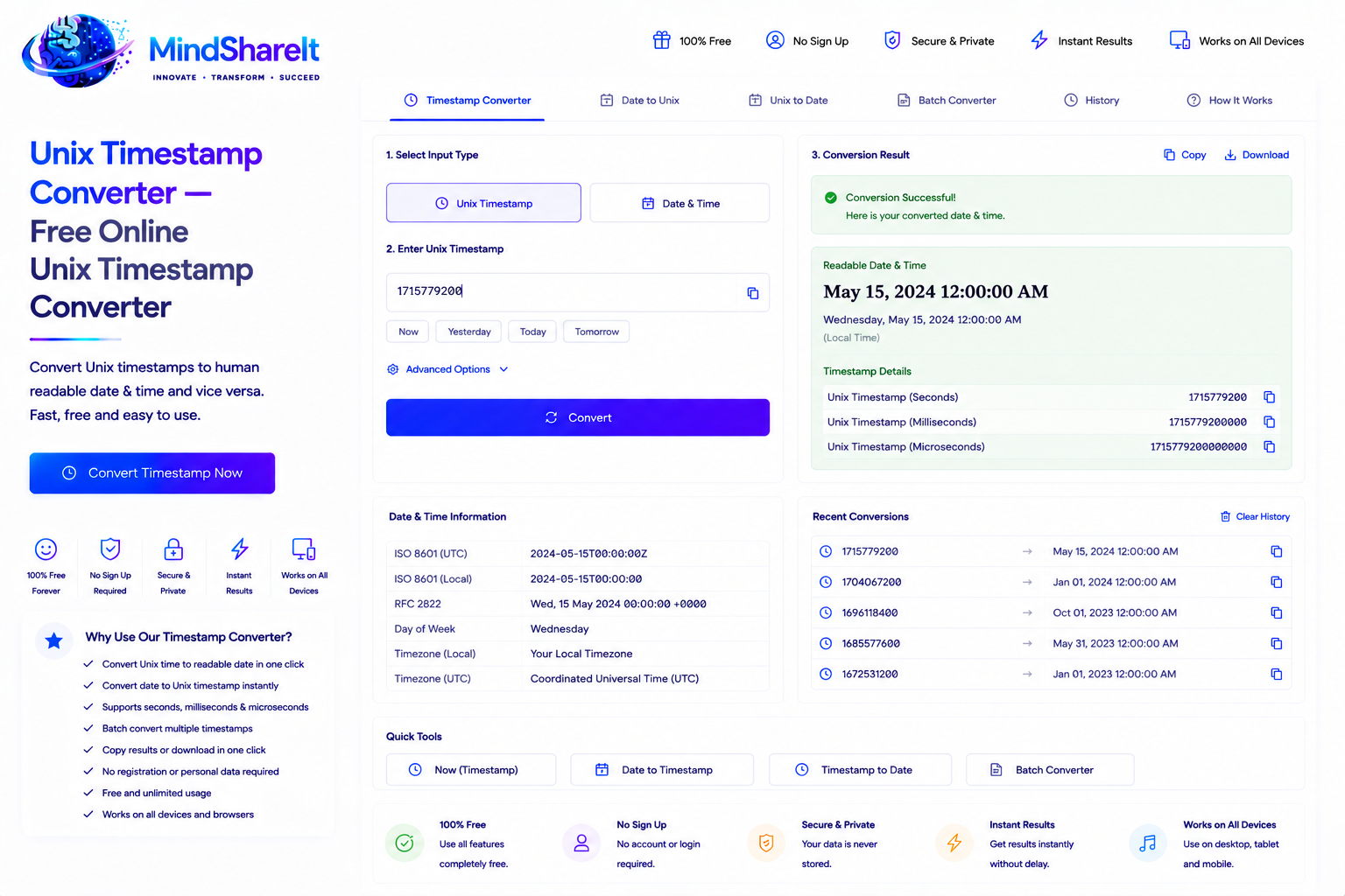 Ảnh chụp màn hình của công cụ Bộ chuyển đổi dấu thời gian Unix miễn phí trên ToolSphare