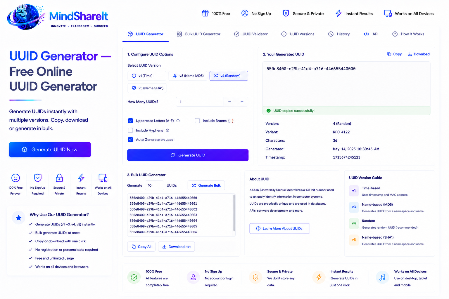 Screenshot des kostenlosen UUID-Generator-Tools auf ToolSphare