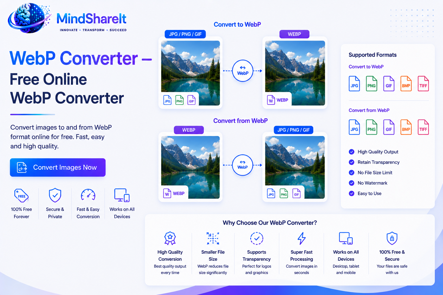 ToolSphare'deki ücretsiz WebP Dönüştürücü aracının ekran görüntüsü